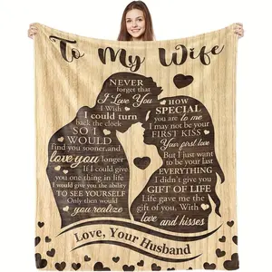 Romantic To My Wife Flannel Blanket Heart Theme Wooden Background Warm Blessing Love Message Ultra Soft Feel Cherished Gift Perfect Anniversary Valentines Birthday Christmas Machine Washable Cozy Comfort All Season