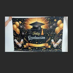 2DFlat1 piece Feliz Graduación Graduation Party Banner, Party Decorations Banners, Polyester Graduation Ceremony Party Background Black Gold Balloon Bachelor's Cap Graduation Party Decoration Graduation Photo/Appreciation Banquet Photo Background