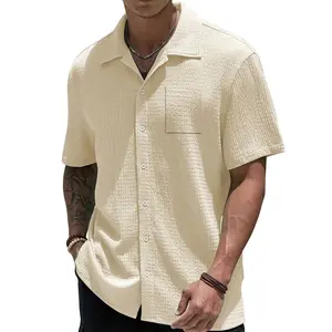 Men's Short-Sleeve Cuban Collar Shirt - Breathable Textured, Lightweight Wrinkle-Resistant, Button-Closure Plain Stylish Top for Summer Travel, Everyday Wear, Shortsleeve