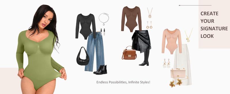 FeelinGirl Women's Seamless Shaping Long Sleeve Thong Comfortable Bodysuit for Tops and Underwear Lady Comfort Basic