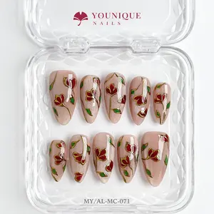 Younique Nails | MY Studio | Vine Whisper | 10PCS 100% Handmade Press-On Nails |  Reusable Colorful Art Glossy Design Acrylic Luxury Long Lasting 3D Stylish Office Wear Floral Embellished Rhinestone