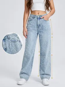Pearls Beaded Flare Leg Jeans, Women's High Waisted Jeans Wide Straight Leg Casual Denim Pants, Trousers with Unique Pearl Accents - 25008
