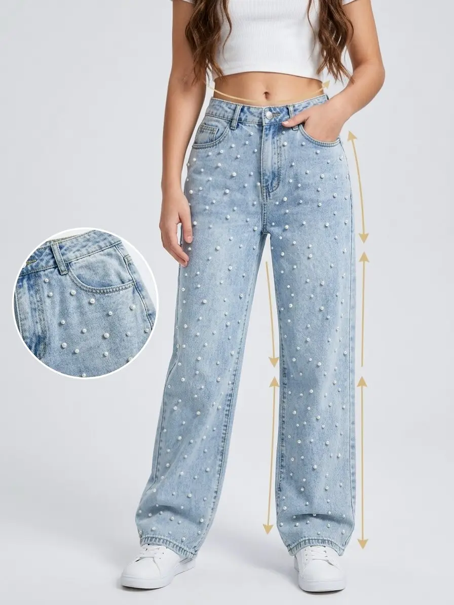 Women's High Waisted Pearl Beaded Flared Leg Jeans - Lady's Overall Basic Everyday Casual Denim Trousers with Unique Accents - 25008