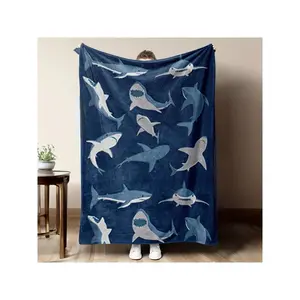 1pc Shark Print Flannel Blanket - Soft, Warm, All-Season Throw For Home, Car, Camping & Office Use - Vintage Style With Shark Design - Cozy Gift For Shark Lovers, Shark Blanket, Camping Accessory, Durable Fabric-30*40in