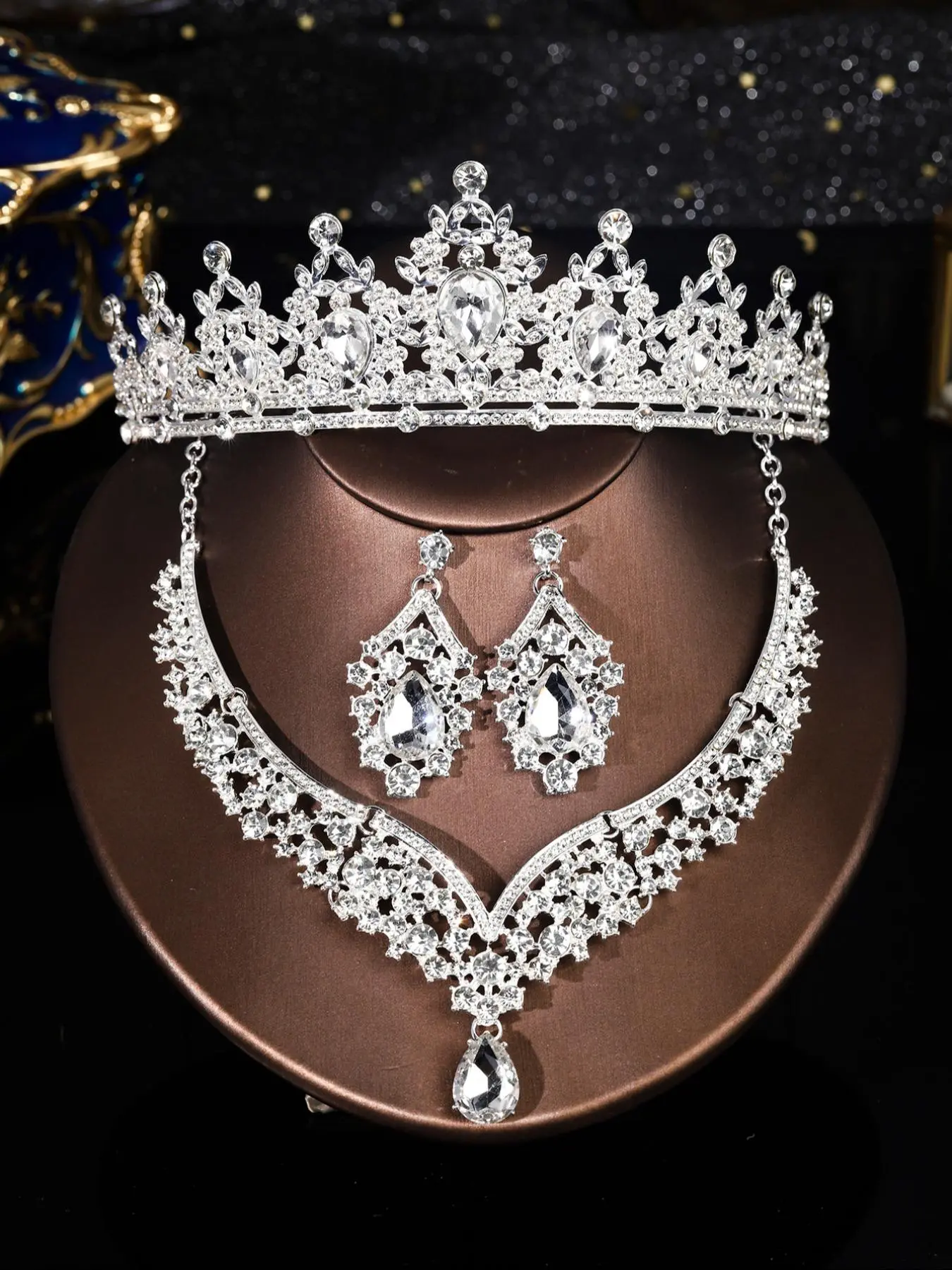 Elegant Rhinestone Decorated Crown Tiara & Necklace & Dangle Earrings, Wedding Bridal Jewelry Set, Fashion Accessories for Party, Trendy All-match & Exquisite Jewelry for Gift
