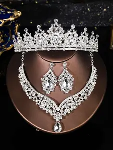Elegant Rhinestone Decorated Crown & Necklace & Dangle Earrings, Wedding Bridal Jewelry Set, Fashion Accessories for Party, Trendy All-match & Exquisite Jewelry for Gift