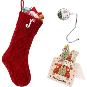 Christmas Stockings with Initials, 18” Large Embroidered Monogram Knit Letter Xmas Stocking for Fireplace or Party Decoration, Family and Kids Holiday Stocking (Red J)