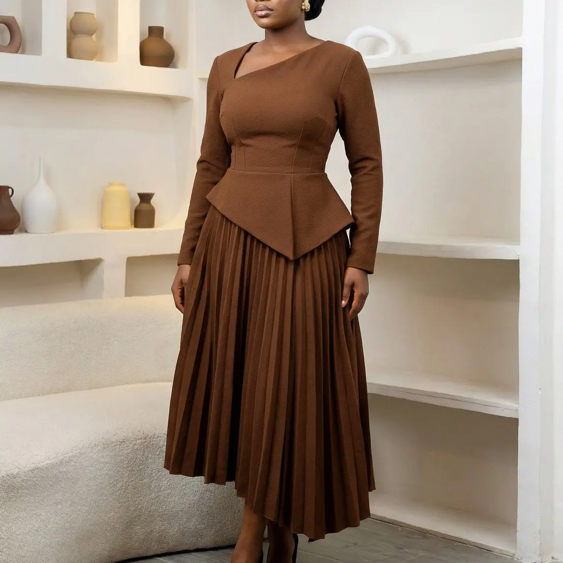 Women's Plus-Size Brown Asymmetrical Neck Peplum Waist Pleated A-Line Midi Dress - Long-Sleeve Polyester Workwear for Formal Office, Evening Occasions; Women's Clothes,summervibes - TikTok Shop Women's Plus-Size Brown Asymmetrical Neck Peplum Waist Pleated A-Line Midi Dress - Long-Sleeve Polyester Workwear for Formal Office, Evening Occasions; Women's Clothes,summervibes - TikTok Shop