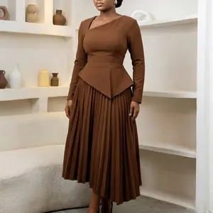 D617 Women's Brown Long Sleeve Asymmetrical Neckline Peplum Pleated Midi Dress for Formal Work & Cocktail Events Elegant Design Elegance Womenswear Evening - Workwear