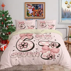 three piece set Checkered number 67 decorated with pink bow patterned digital print Decorative duvet cover set - includes 1 duvet cover and 2 pillowcases (filling not included), breathable and soft, polyester, suitable for all seasons, Bedroom Bedding Set