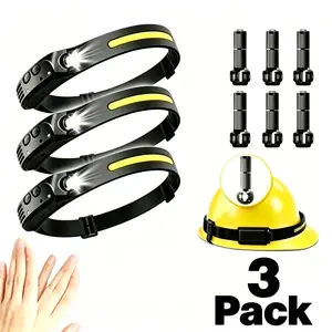 3-Pack Sports Sensor Headlamp (Sensor Light) + 6 Hooks — COB+LED dual lighting, USB fast charging, built-in battery, lightweight and compact, suitable for outdoor activities, camping, and emergencies
