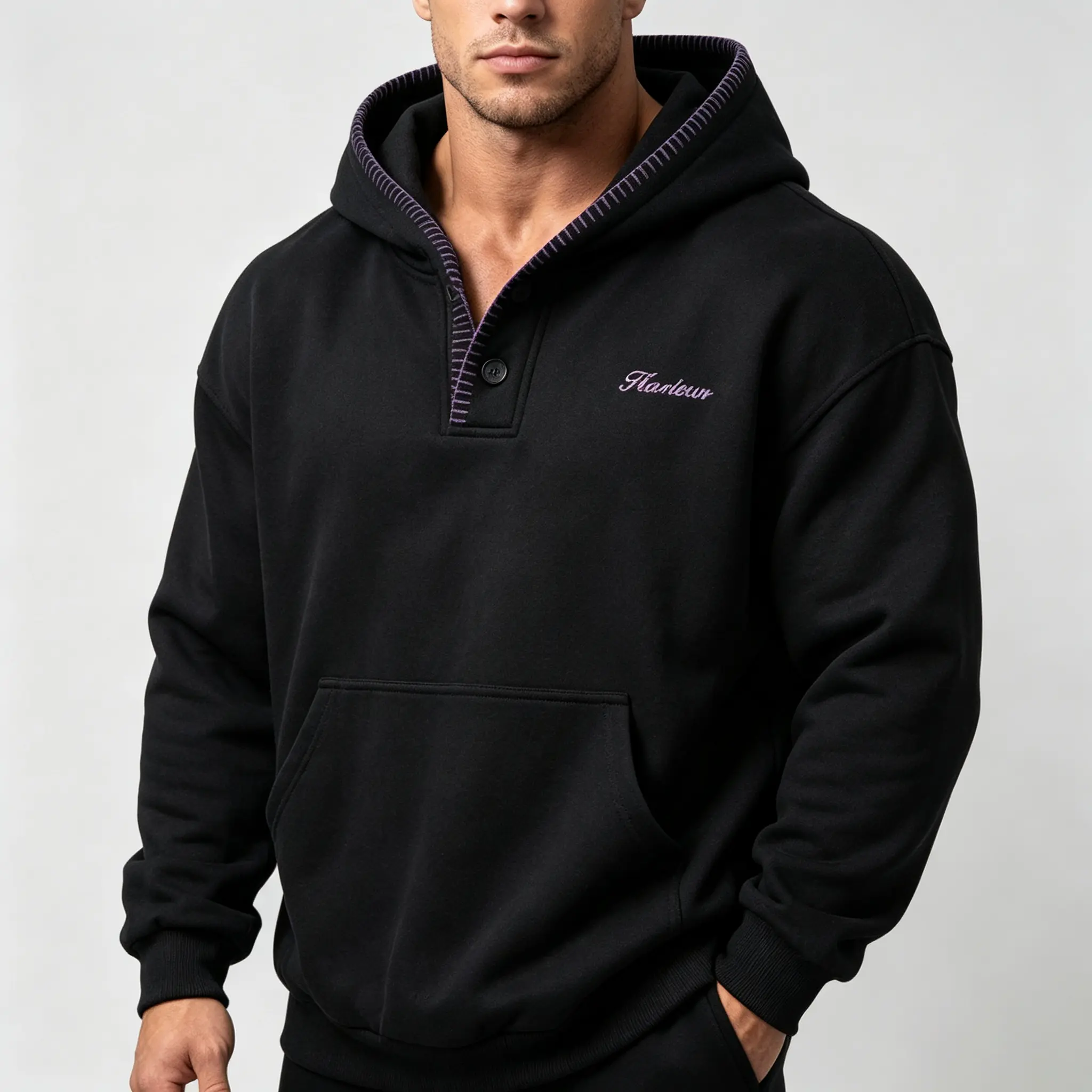 Men's Heavyweight Loose Drop-Shoulder Hooded Sweatshirt - Minimalist Color-Block Contrast-Line Half-Button Ribbed Straight Hem Drape Cargo Kangaroo Pocket Embroidered Casual Athletic Long-Sleeve Spring-Autumn Outerwear