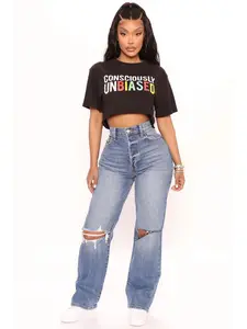 Cut Above The Rest Ripped Straight Leg Jeans - Medium Wash 12.25" High Rise 5 Pocket Low Stretch 98% Cotton 2% Spandex