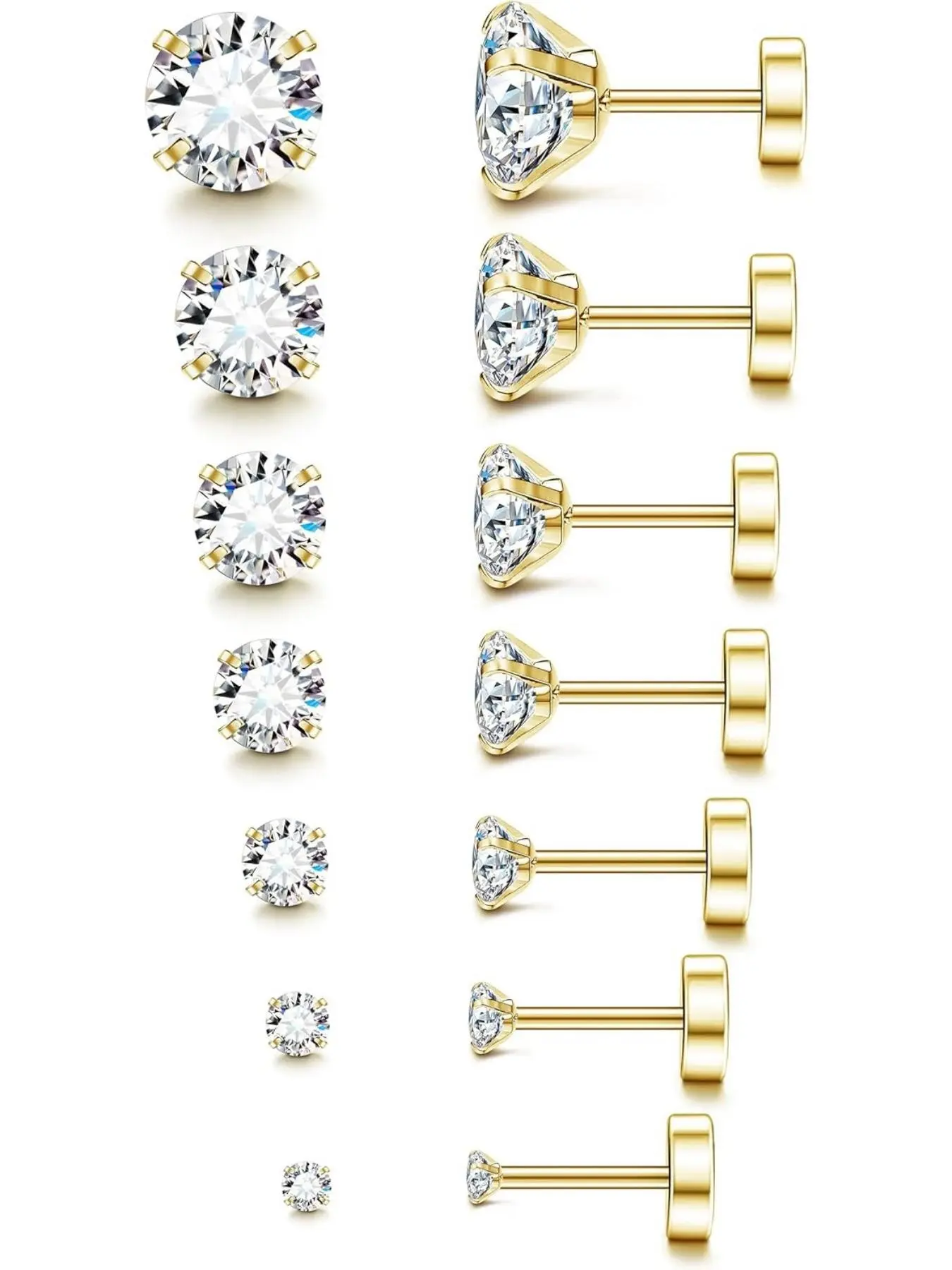 20G Hypoallergenic Flat Back Earrings for Women Men Silver 14K Gold Stainless Steel Stud Earrings Brithstone Cubic Zirconia Studs Surgical Steel Cartilage Earrings for Sensitive Ears, Flat Pierced Earring Stud Earrings Jewelry