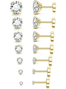 20G Hypoallergenic Flat Back Earrings for Women Men Silver 14K Gold Stainless Steel Stud Earrings Brithstone Cubic Zirconia Studs Surgical Steel Cartilage Earrings for Sensitive Ears, Flat Pierced Earring