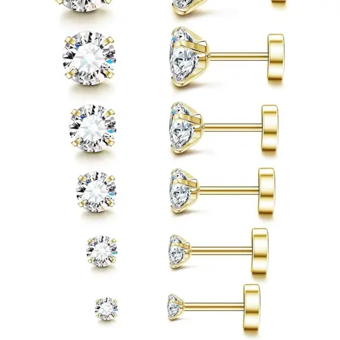 20G Hypoallergenic Flat Back Earrings for Women Men Silver 14K Gold Stainless Steel Stud Earrings Brithstone Cubic Zirconia Studs Surgical Steel Cartilage Earrings, for Sensitive Ears, Flat Pierced Stud Earrings Stud Earrings Jewelry