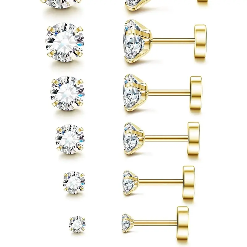 20G Hypoallergenic Flat Back Earrings for Women Men Silver 14K Gold Stainless Steel Stud Earrings Brithstone Cubic Zirconia Studs Surgical Steel Cartilage Earrings, for Sensitive Ears, Flat Pierced Stud Earrings Stud Earrings Jewelry