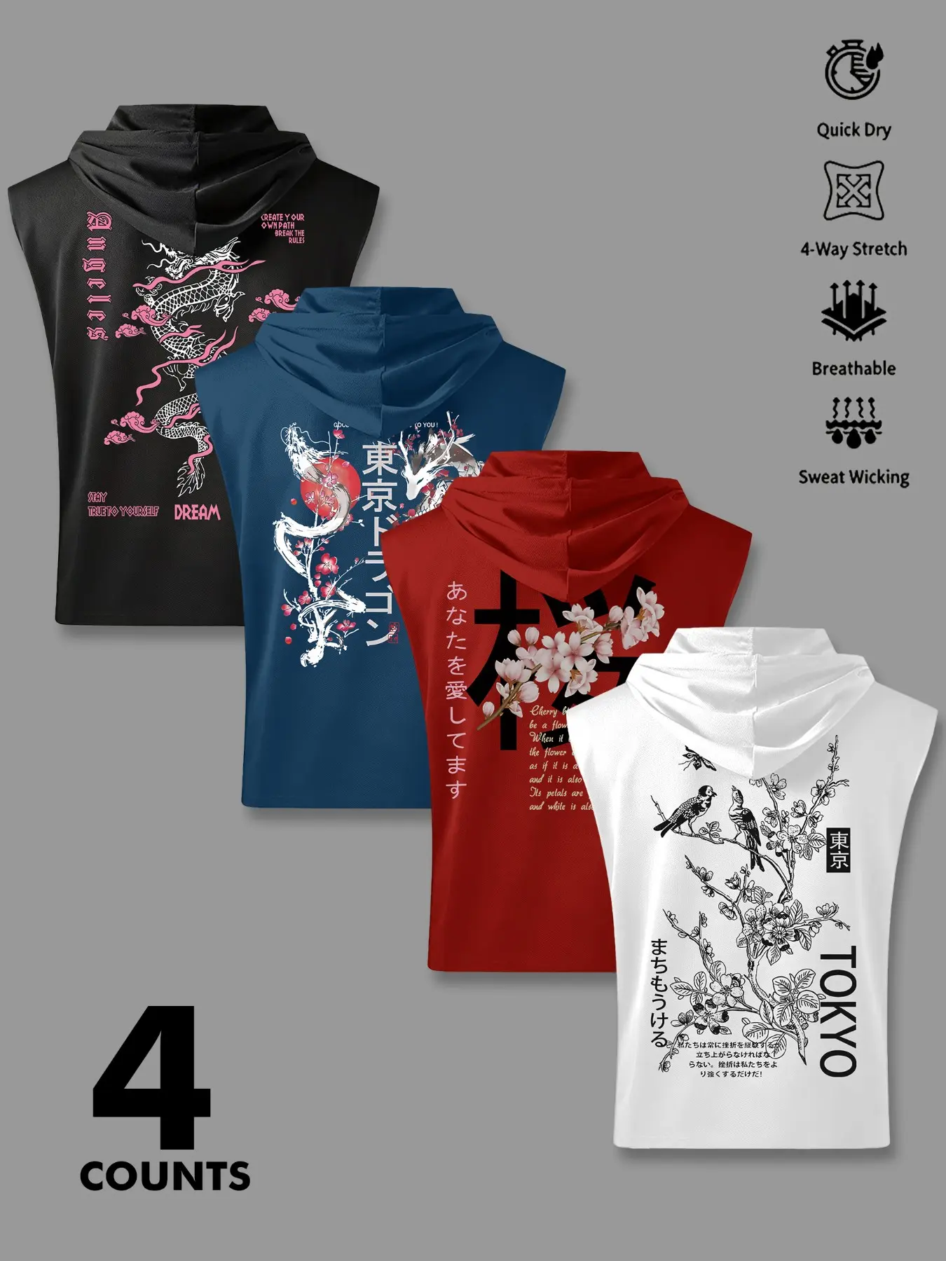 Men's Sleeveless Hooded Tank Top, Activewear Clothing, Japanese Tokyo Dragon & Cherry Blossom Graphic Quick Dry Workout Shirt, Breathable 4-Way Stretch Athletic Activewear for Gym Fitness, Activewear Clothes