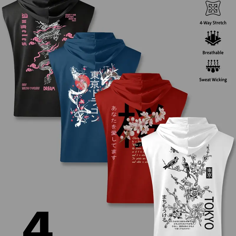 Men's Sleeveless Hooded Tank Top, Activewear Clothing, Japanese Tokyo Dragon & Cherry Blossom Graphic Quick Dry Workout Shirt, Breathable 4-Way Stretch Athletic Activewear for Gym Fitness, Activewear Clothes