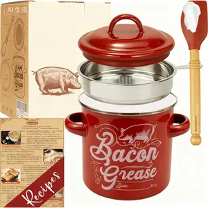 Large Capacity Grease Keeper with Strainer - 46OZ Enamel Drippings Container, Includes Silicone Wooden Spatula, Farmhouse Red Kitchen Decor, Dishwasher Safe for Cooking Oil Storage