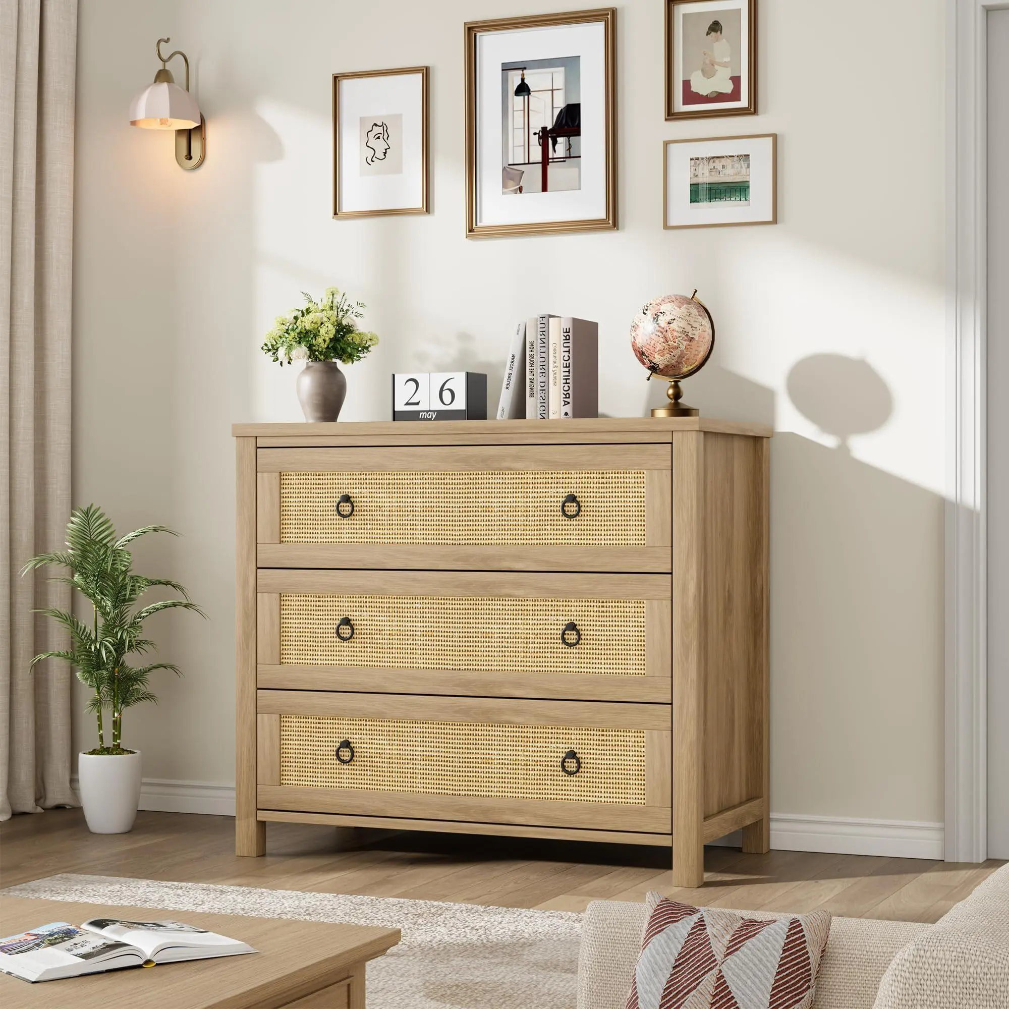Yellow 3 Drawer Rattan Dresser Boho Wooden Chest for Bedroom 29in Tall Storage Organizer for Nursery Living Room Entryway