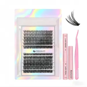 TikTok recommended mixed-length personalized false eyelash extension kit, including adhesive, sealant, remover, tweezers, and an eyelash curler for a natural lash look; professional eye makeup accessories designed specifically for women.