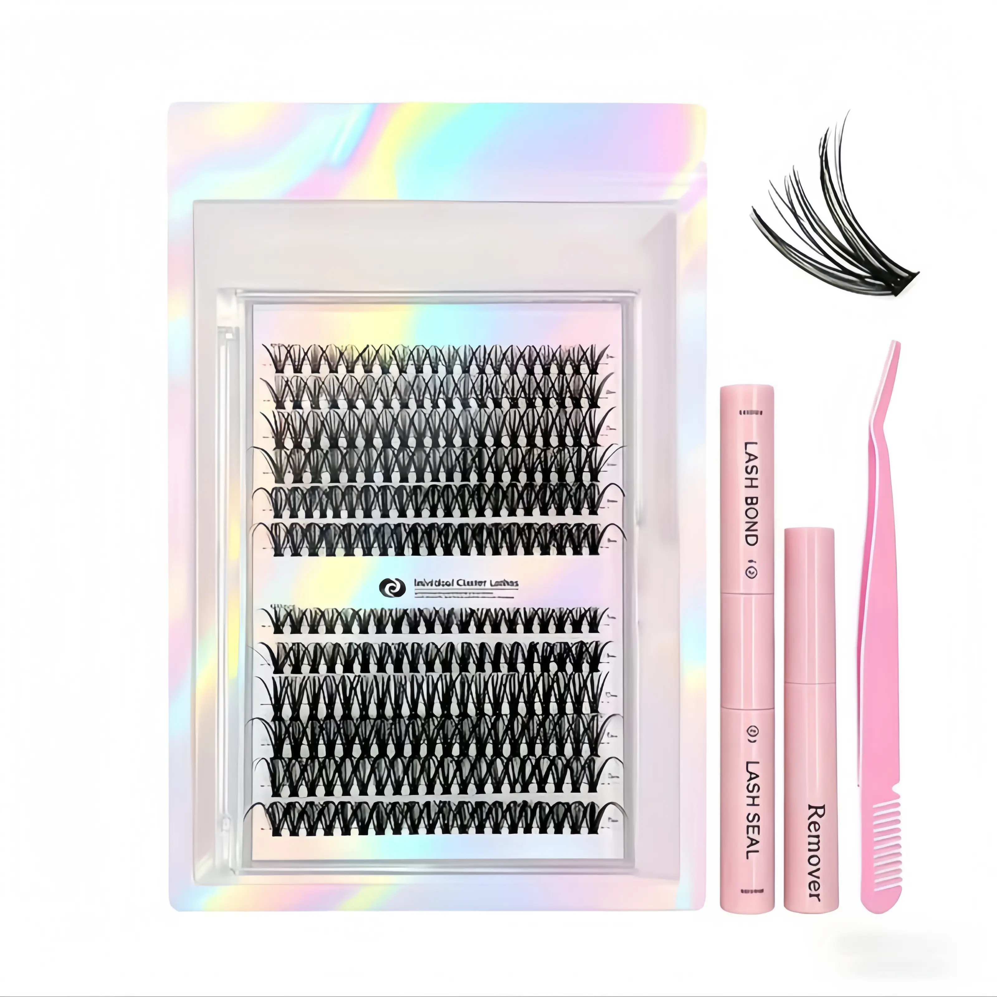 TikTok recommended mixed-length personalized false eyelash extension kit, including adhesive, sealant, remover, tweezers, and an eyelash curler for a natural lash look; professional eye makeup accessories designed specifically for women.
