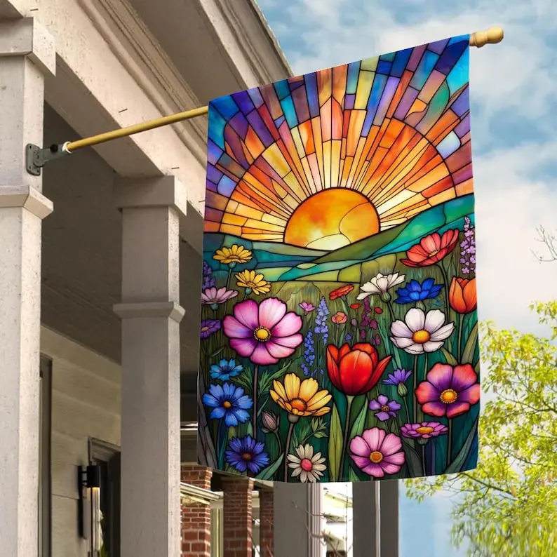 Stained Glass Art Floral Sunshine Garden Flag Wildflower Tree Outdoor Yard Decor Cottagecore Floral Flag, Summer Flag, Yard Decor UOXZ14