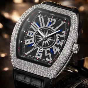 Premium Men's Diamond-Set Quartz Watch - Tonneau-Style Case, Fully Crystal-Encrusted Bezel, Bold Numeral Dial with Compass Design, Black Croc-Embossed Leather Strap, High-End Statement Wristwatch for Special Occasions, Diamond-Set Quartz Watches
