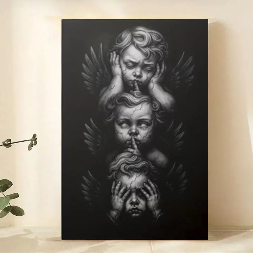 Framed 1pc Flat Framed 2D Canvas Painting Hear See Speak No Evil Angels Perfect for Living Room Bedroom Office Study Gallery Hallway Decor Angelic Wall Art