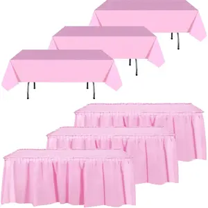 6 Pcs Plastic Table Skirts and Stainproof Table Cloths 54 x 108 in Plastic Ruffle Tablecloth 168 x 29 Inches Disposable for Wedding Baby Shower Valentine Spring Easter Party(Pink)