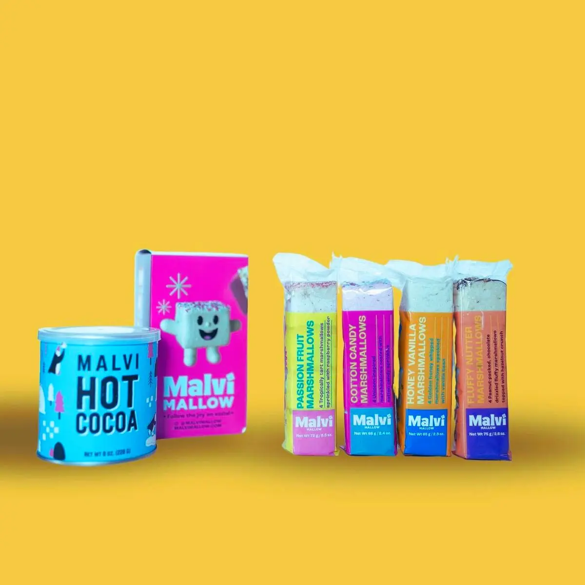 Malvi Mallow Hot Cocoa Kit - 8 oz Bittersweet Cocoa Mix & 4 Flavors All-Natural Marshmallows - Cotton Candy, Fluffy Nutter, Honey-Vanilla, Passion Fruit - Ideal for Holidays & Corporate Gifts Made with top quality gourmet Chocolate