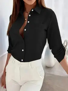 Women's Casual Long Sleeve Shirt Blouse with Metal Buttons, Pocket Design, Slim Fit, Perfect for Daily Wear & Office Use