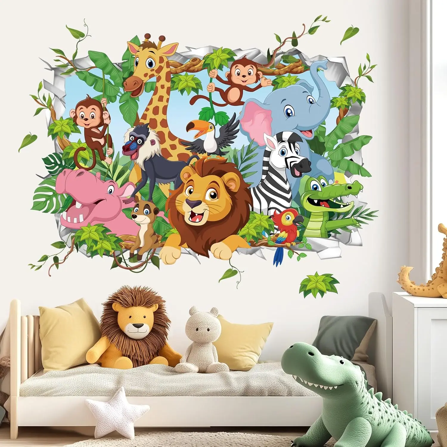 P-WPA013 Classic Casual 3D Vinyl Jungle Animal Decorative Wall Stickers - Waterproof, Stain-Resistant, Easy-Remove Decals with Tropical Leaves, Safari Lion, Elephant, Giraffe for Baby Nursery, Kids Bedroom (Ideal for 4th of July)