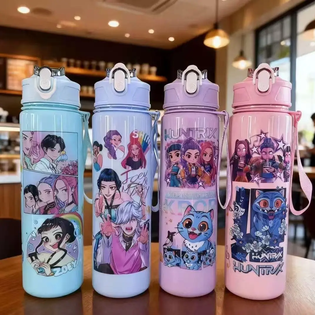 New K-POP girl group cute children's straw water bottle for students with handle and portable cartoon water cup, 700ml