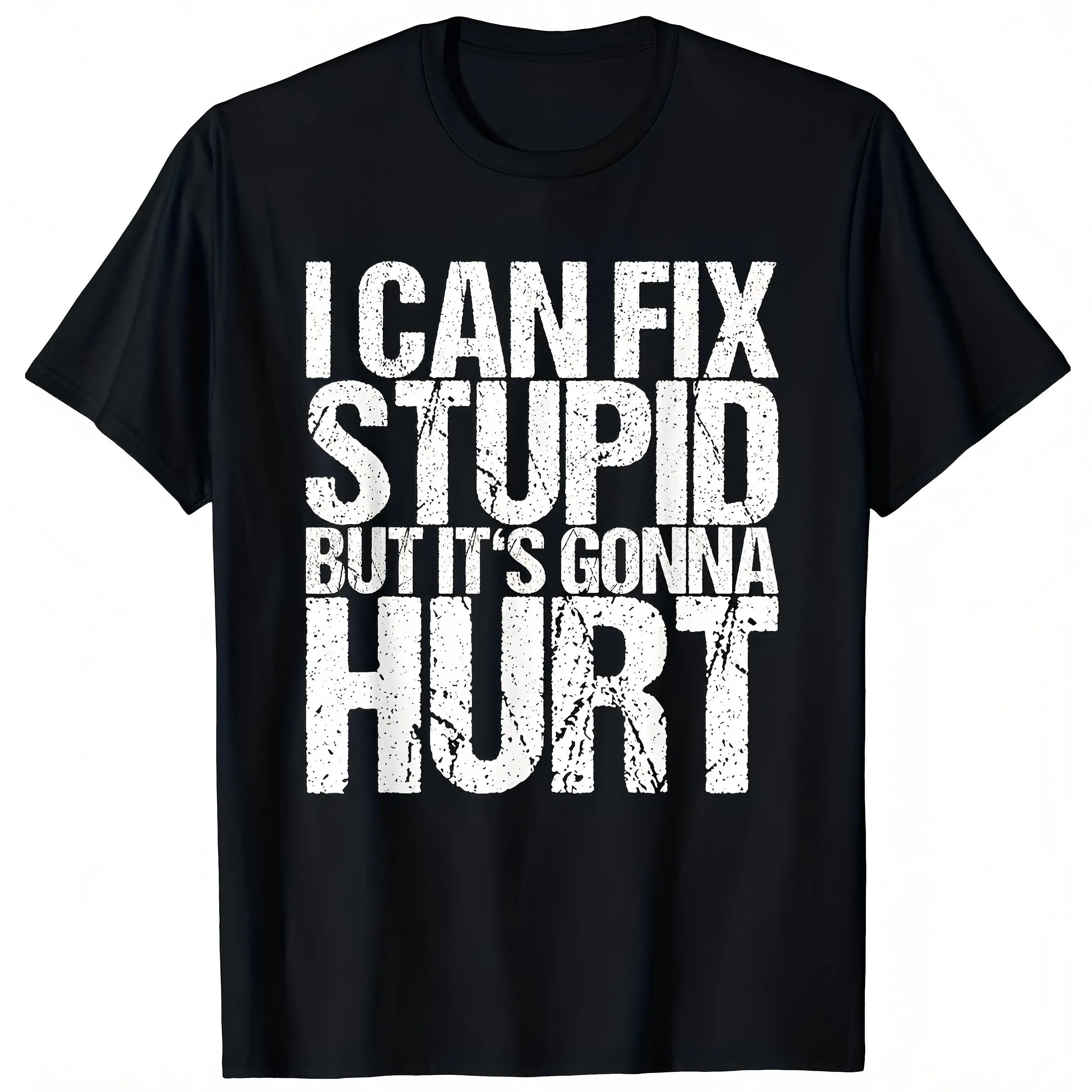 "I Can Cure Stupidity, But It Will Hurt" Fun Print T-Shirt for Men - Black Short Sleeve Regular Fit, Soft Breathable Cotton Crew Neck, All-Season Casual Daily Wear, Great Humorous Slogan Top for Summer Spring, Machine Washable