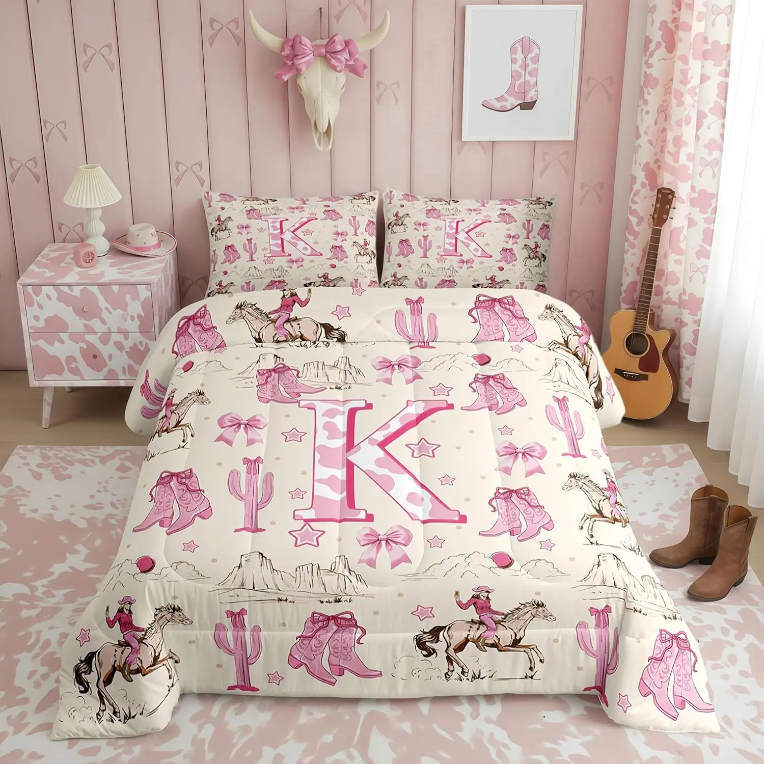 Pink Western Cowgirl Boot Bedding Set - Initial K Monogrammed Coquette Bow Tie Comforter Set Wild West Horse Quilt,Retro Bedroom Decor with 1 Pillowcase