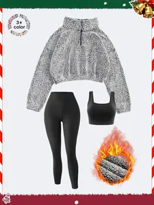 Women's Fleece Lined Sweatshirt Set, Sporty Tight-Fit Yoga Pants, Breathable Skin-Friendly Top, Fall & Winter Activewear, Leggings Tracksuit Set