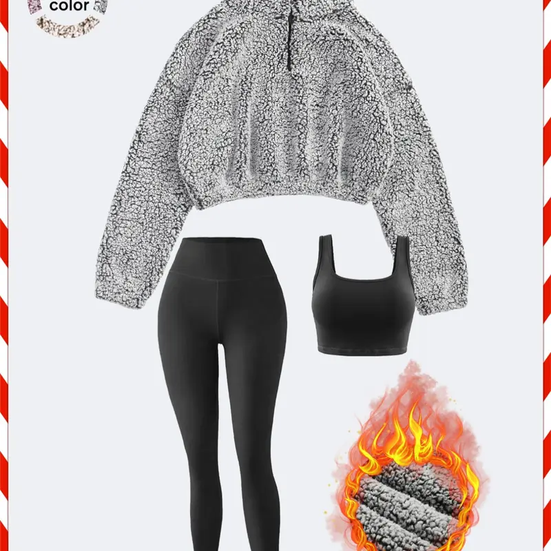 Women's Fleece Lined Sweatshirt Set, Sporty Tight-Fit Yoga Pants, Breathable Skin-Friendly Top, Fall & Winter Stretchable Activewear, Casual Workout Loungewear, Activewear Fitness Workout, Athletic Workout Clothing, Exercise Clothing Set, Workout Sets