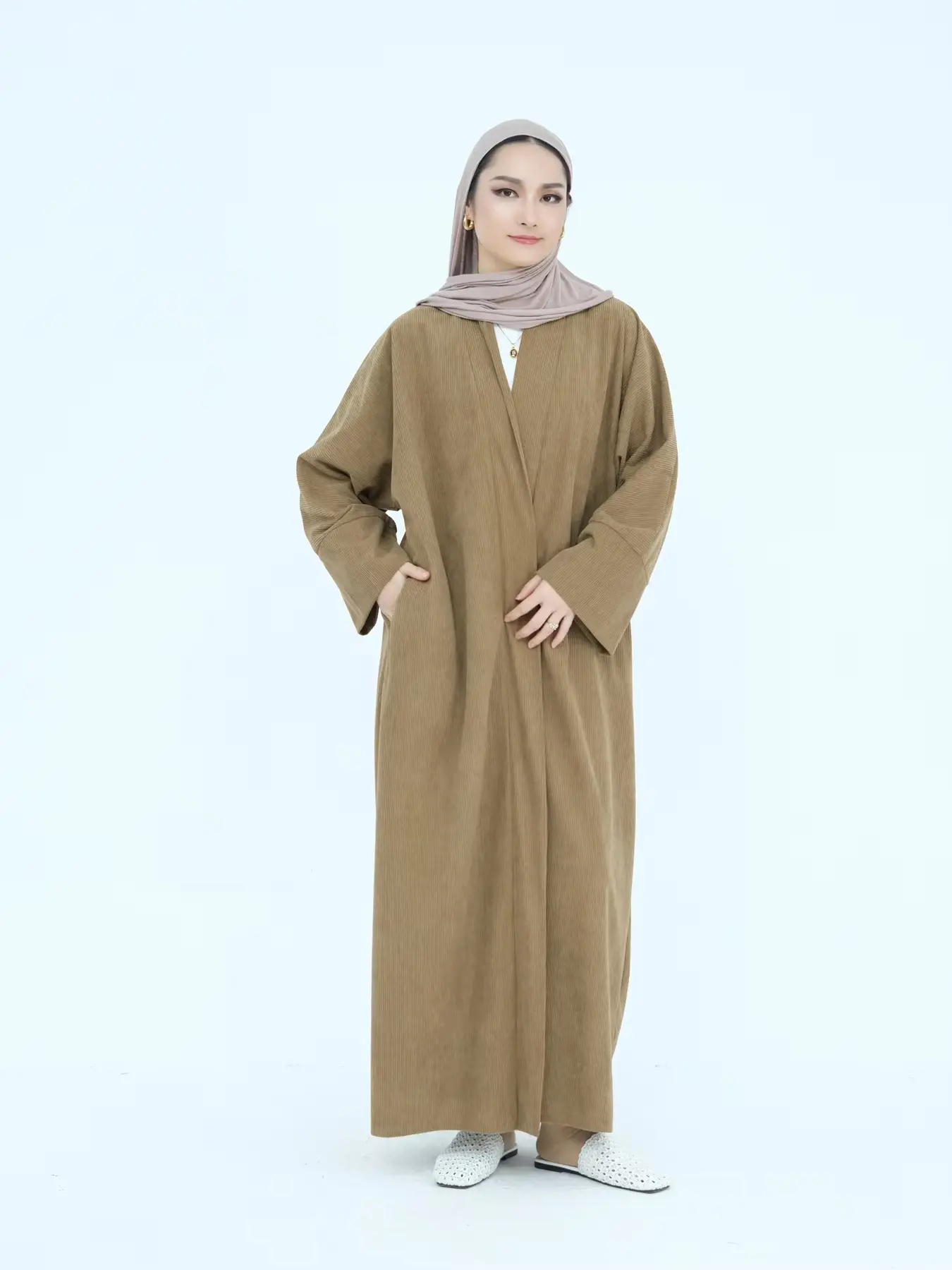 Women's Solid Color Corduroy Open Front Abaya, Modest Casual Long Sleeve Muslim Dress for Daily Wear, Women's Islamic Clothing for Fall & Winter