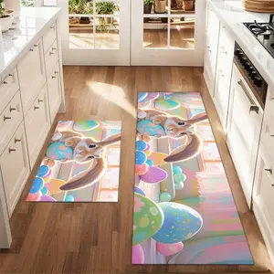 2Pcs Easter Pink Rabbit Eggs Rabbit Floor mat set including farmhouse kitchen Rug dining room flooring laundry room decorative carpet mat
