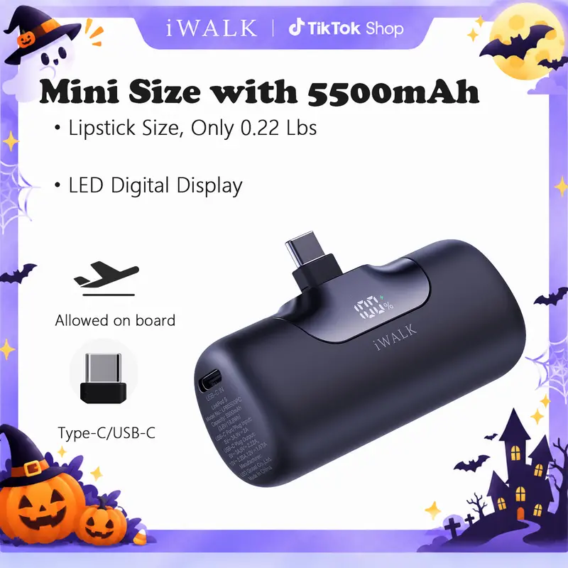 iWALK 5500mAh Mini Power Bank Charger - 22.5W USB-C Fast Charging, PD Connector, Magnetic Plug, Digital Display, Built-in Cable, Emergency Power, Everyday Carry Mini Gadgets for Purse, for iPhone 18/17/16 Pro Max, Samsung S24/S23