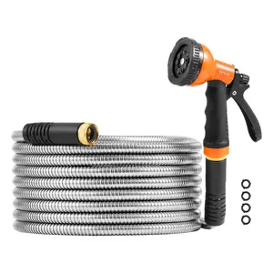 VEVOR Metal Garden Hose 25 ft,  Rust Proof Stainless Steel Water Hose, Heavy Duty Backyard Hose with 10 Function Nozzle, No-Kink & Flexible Water Pipe, Lightweight Metal Hose for Yard, Outdoor