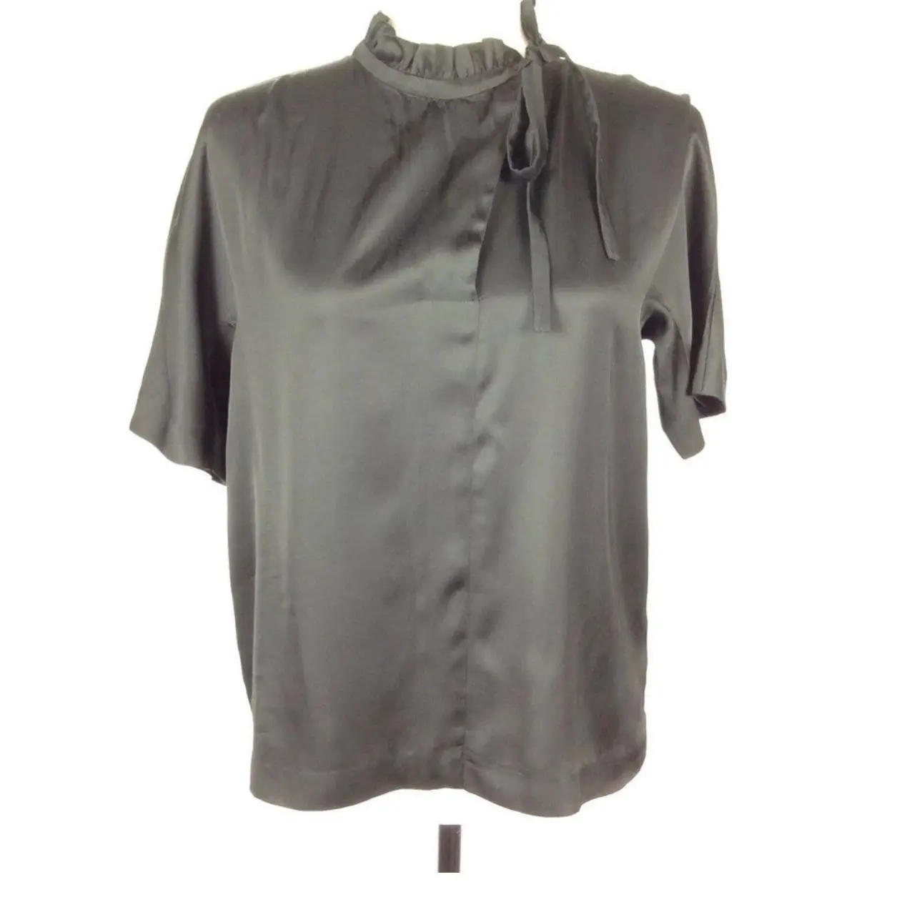 Sandro Paris Angie womens blouse size 1 Black ruffle collar tie neck Crew Neck