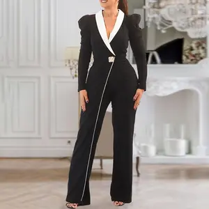 ChicMe Women's Colorblock Long Puff Sleeve Jumpsuit with Shawl Collar Casual Faux Two Piece Button Details Romper