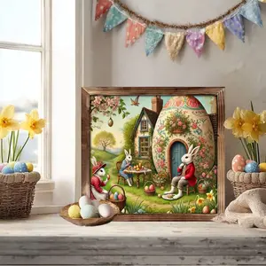 (2D Flat)  1PC 8 x 8 Inches Happy Easter Wooden Sign, Cute Easter Egg House Colorful , Easter Gifts Table Desk Decor, Easter Party Decorations Home Decorations for Family Holiday Decor Spring Decor