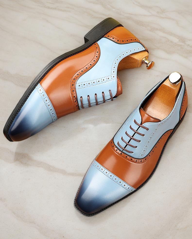 Men's Two-Tone Gradient Brogue Oxford Dress Shoes, Blue & Brown Formal Leather Shoes30820