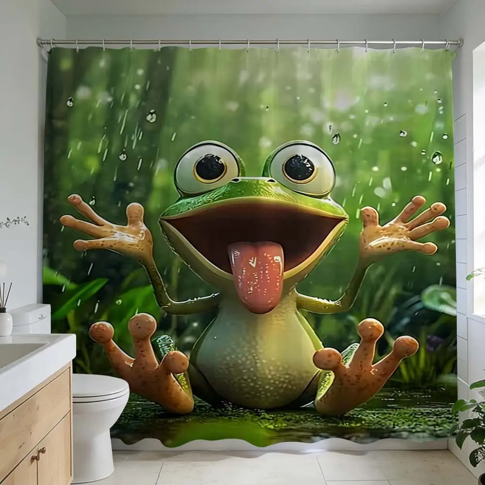 1 Pc Fun Cartoon Frog Design Shower Curtain, Bathroom Accessory, Bathroom Decoration Accessories, Adds a Playful Touch to Home Decor Features Lush Green Forest Scene with Vibrant Froggy Character