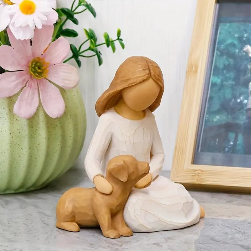 Hand-Painted Willow Sculpture Resin Craft Girl Holding Dog Statue for Pet Lovers and Dog Owners Ideal for Adoption Gifts and Celebrations