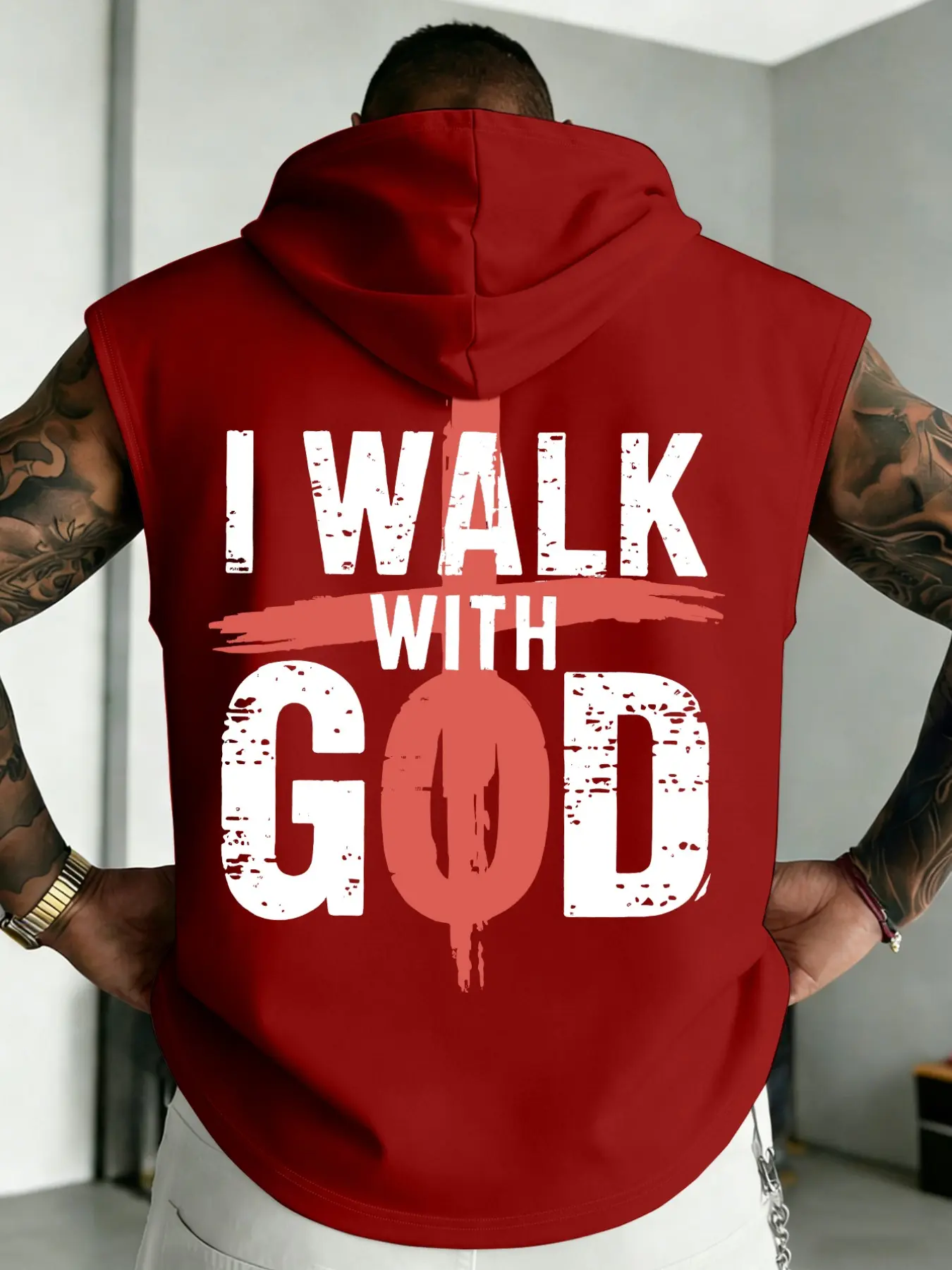 Men’s "I Walk With God" Cross Print Sleeveless Hoodie, Inspirational Faith-Based Gym Tank Top, Faith Based Streetwear, Casual Workout & Daily Wear Hooded Vest#FaithBasedHoodie #IWalkWithGodTank #MensSleevelessHoodie #ChristianGymWear #TikTokFashion